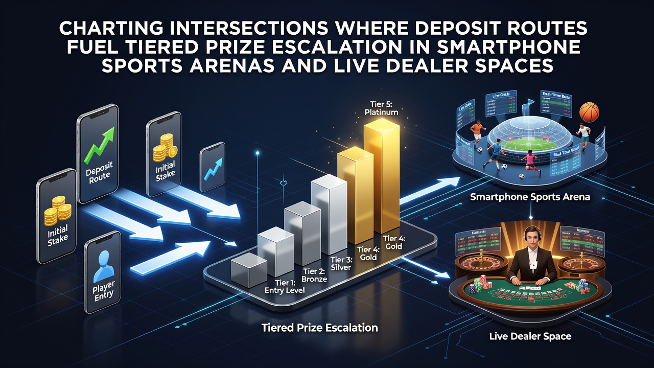 Smartphone displaying integrated sports betting and live dealer interfaces with deposit and tier progression indicators