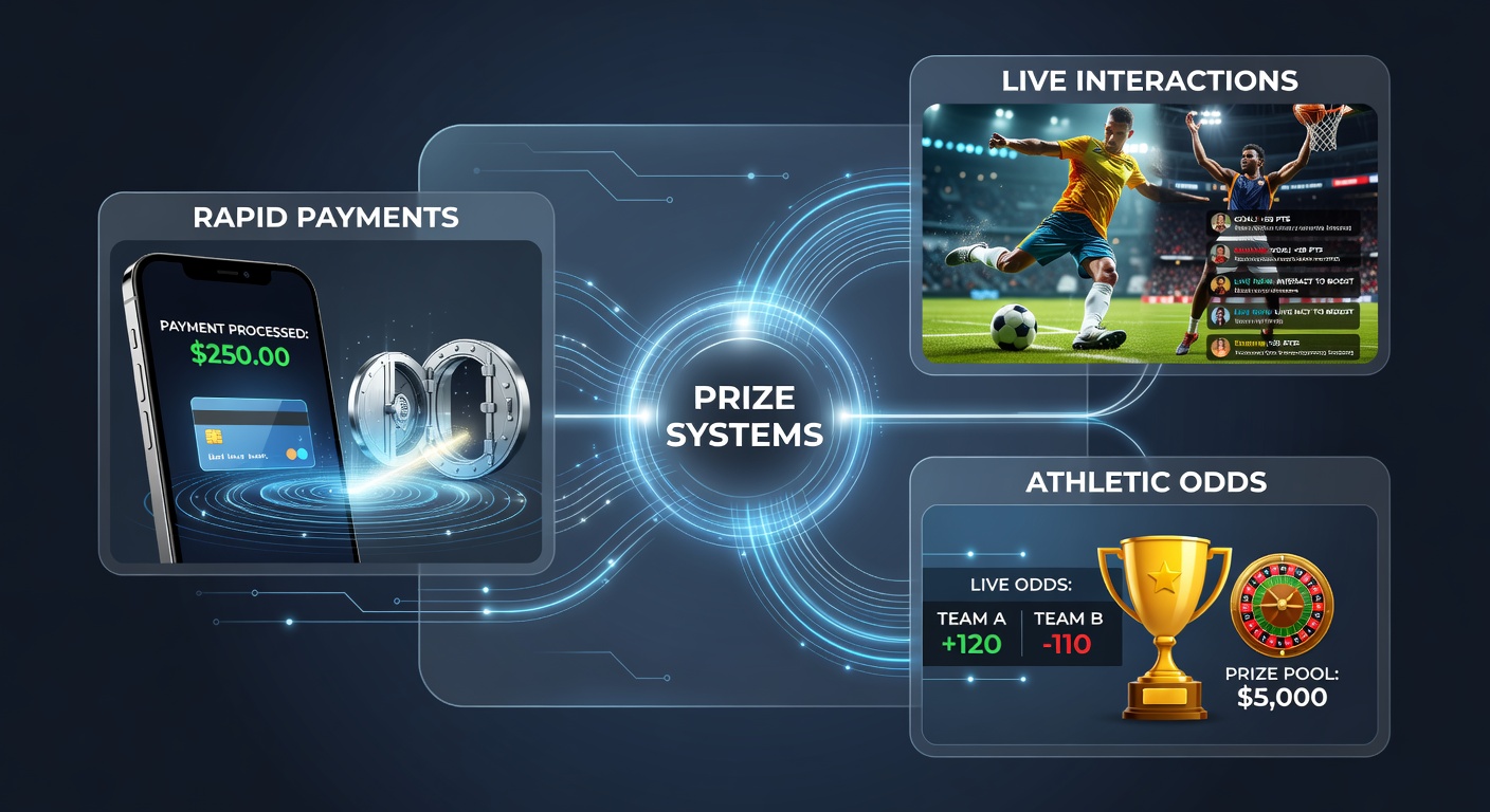 Mobile wagering app interface showing interconnected prize systems with live sports odds and instant payment options