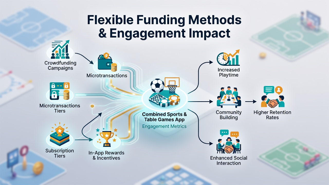 Detailed view of engagement metrics and payment flow diagrams within combined sports and table game mobile applications