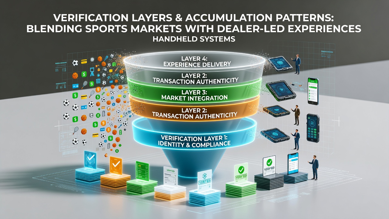 Handheld device displaying integrated sports betting and live dealer interfaces with verification prompts overlayed