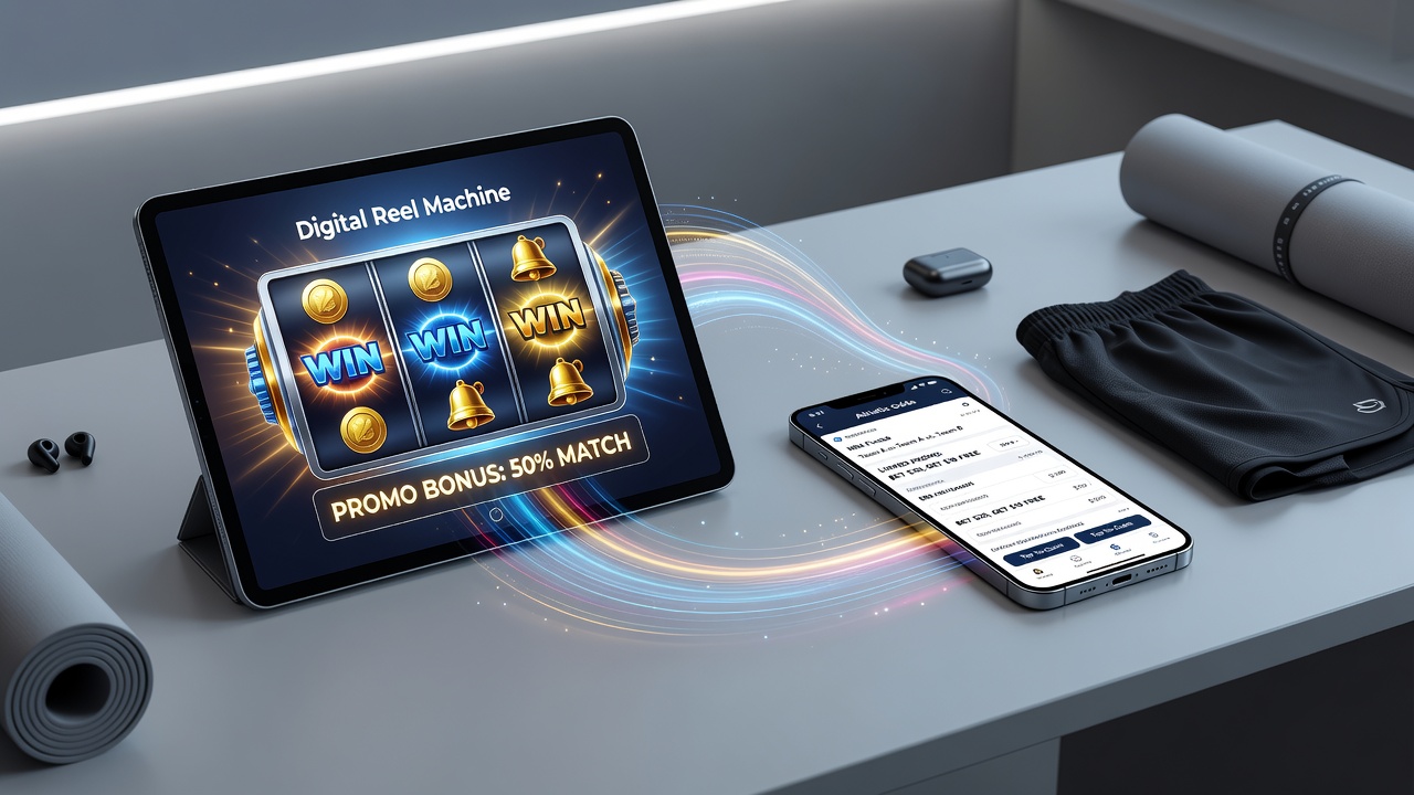 Illustration of interconnected mobile gaming rewards flowing between digital slots and sports betting sections