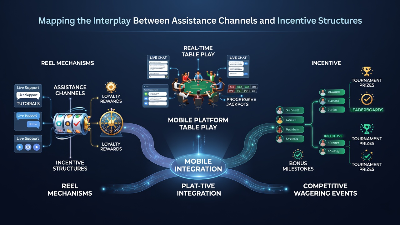 Diagram illustrating connections between customer assistance channels and incentive structures on mobile platforms offering slots, live tables, and sports events