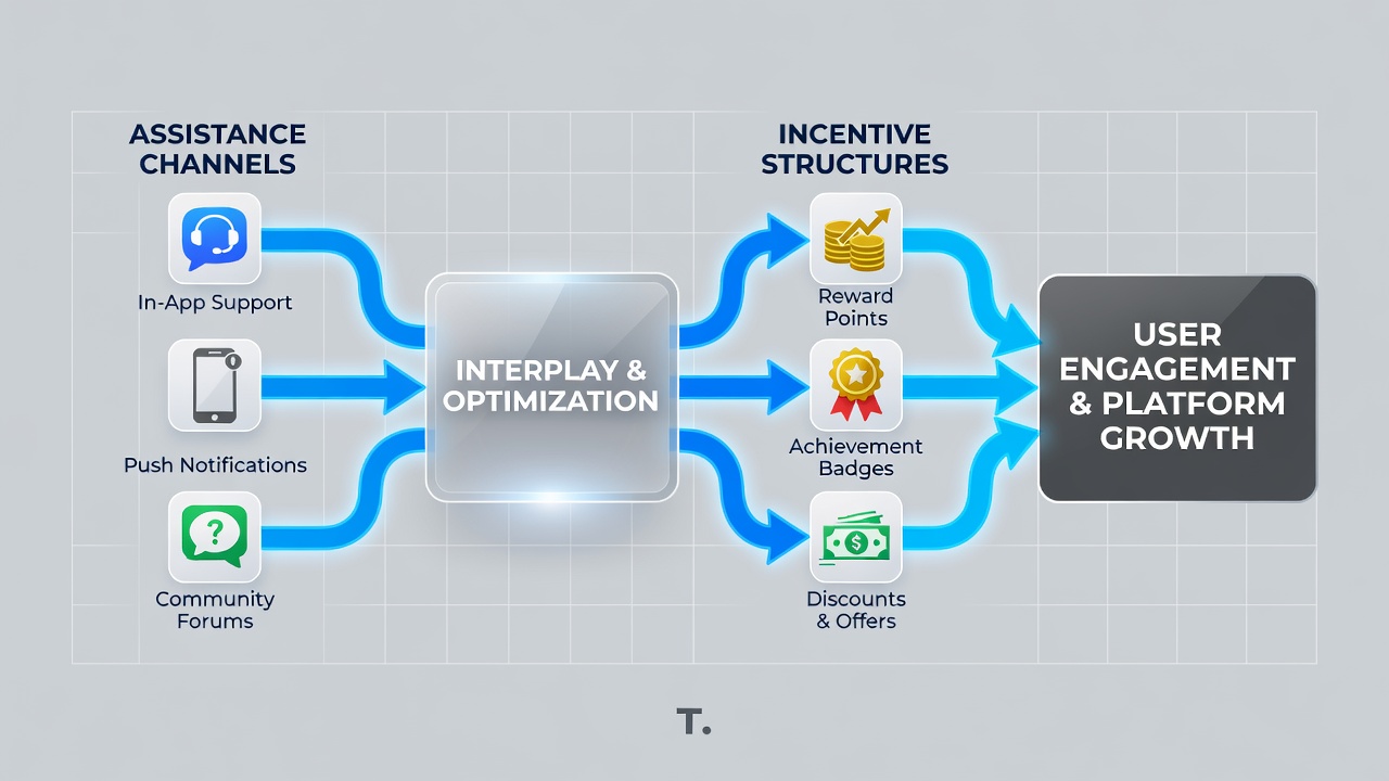 Flowchart depicting data exchange between support networks and reward systems in mobile gaming applications