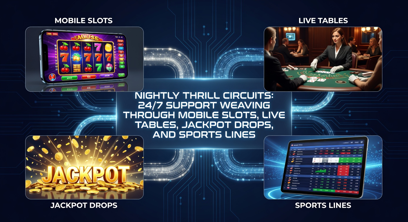 Vibrant digital illustration of a 24/7 support agent guiding players through glowing mobile slots, live dealer tables, cascading jackpots, and dynamic sports betting interfaces under a starry night sky