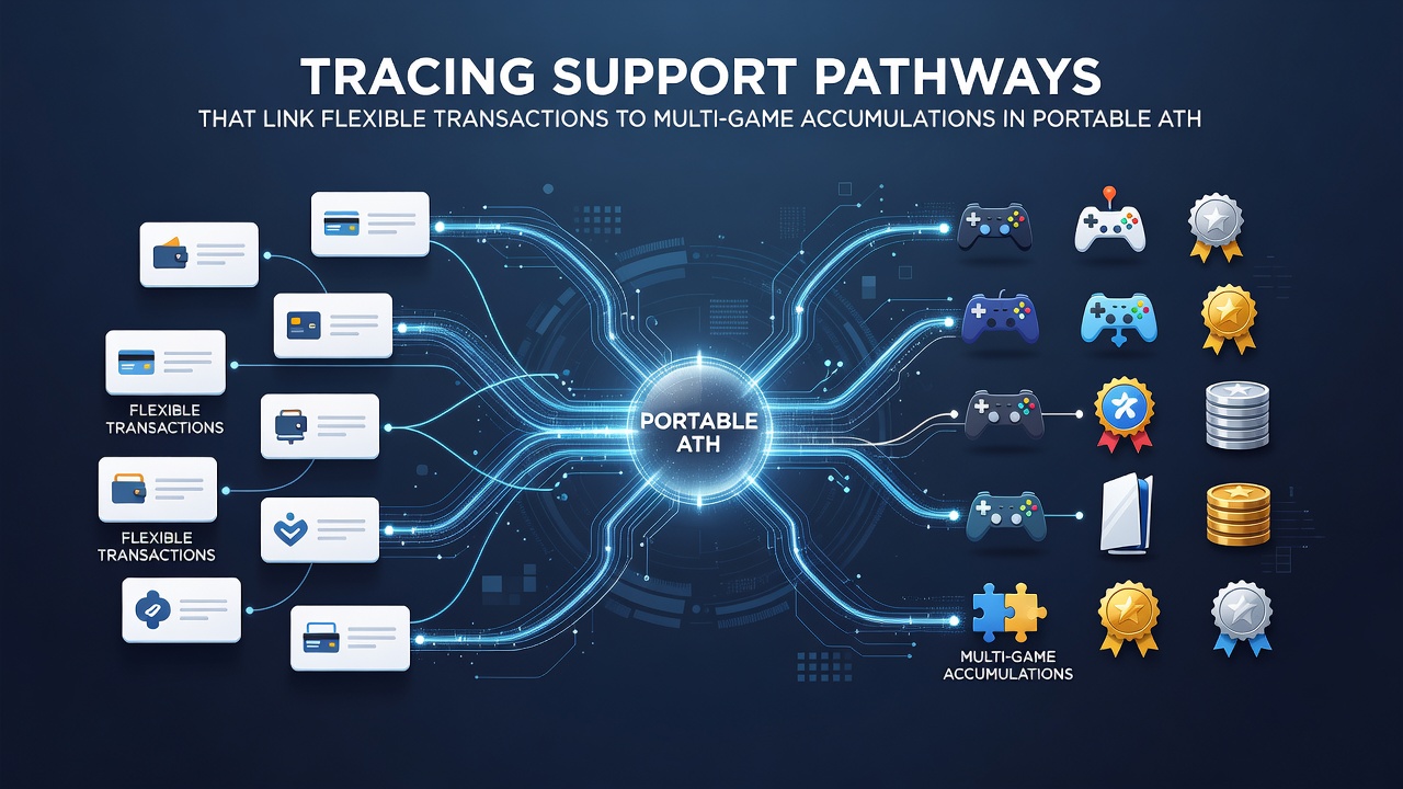 Diagram illustrating support pathways connecting transactions to multi-game rewards